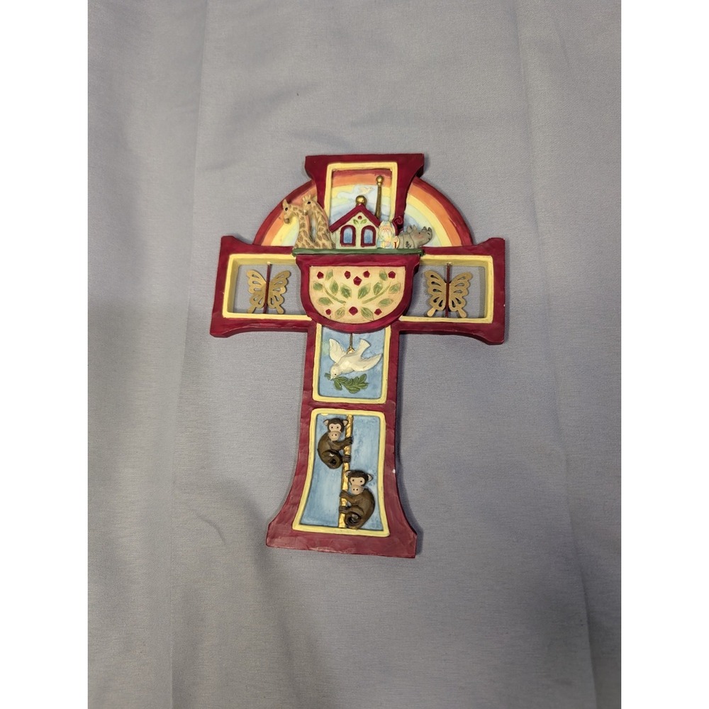 Ceramic Cross Wall Hanging Red Noah's Arc Rainbow Metal Hand Painted 7.5" x 5.5"